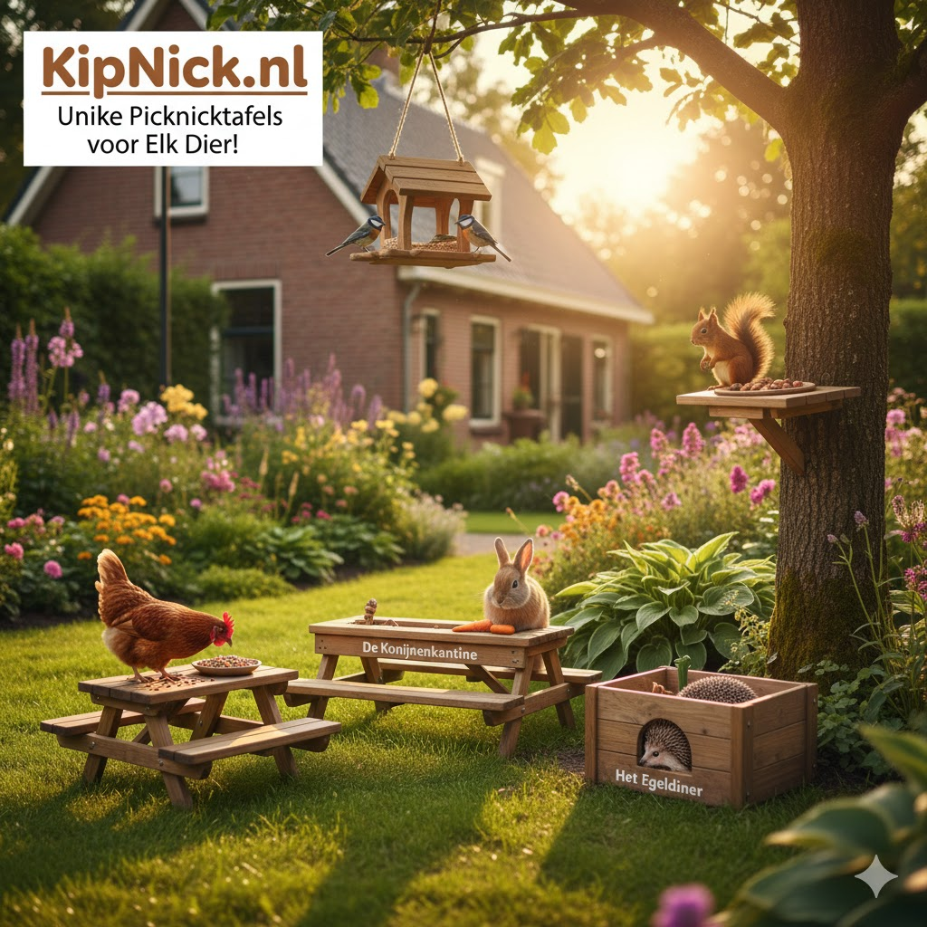 Diverse picknicktafels van KipNick, voor verschillende tuindieren en mensen.
