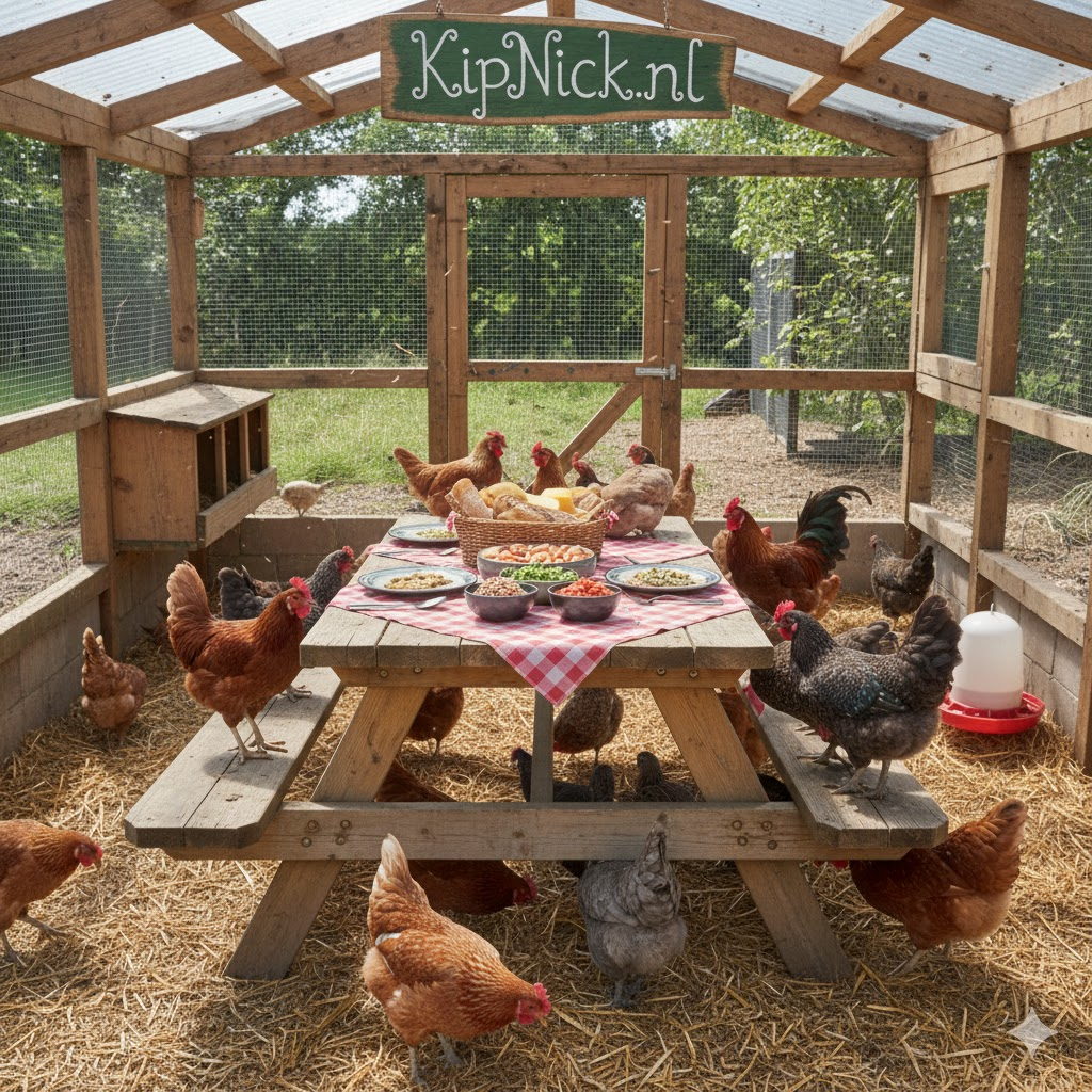 Kip die eet van KipNick picknicktafel