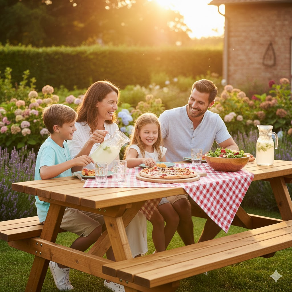 Mensen die eten aan de MensNick picknicktafel